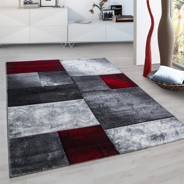 Wohnzimmer Teppich Modern Rot Grau Hellgrau Kurzflor 3 D-Optik